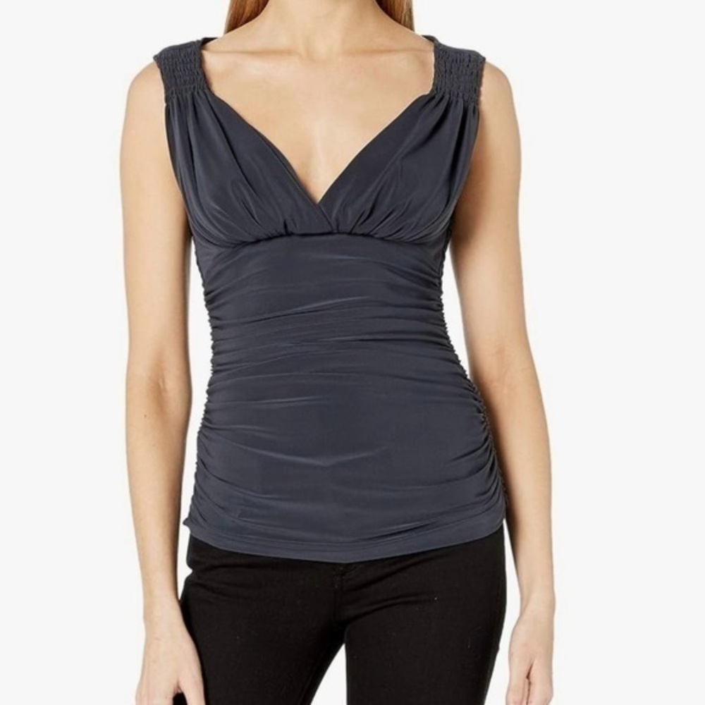 Norma Kamali Tara Gray/Black Top PW Ruched Sleeveless Stretch Jersey Size Small